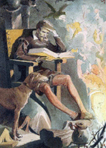 Don Quijote leyendo libros de caballería en su estudio