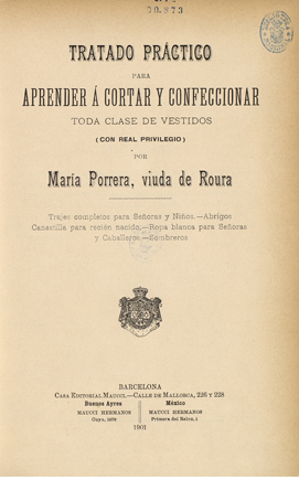 Portada del Tratado práctico para aprender a cortar y confeccionar toda clase de vestidos de María Porrera de Roura