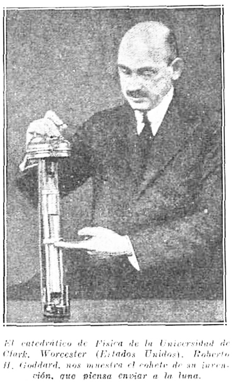 El profesor Goddard con su cohete para llegar a la Luna, en la revista Alrededor del mundo