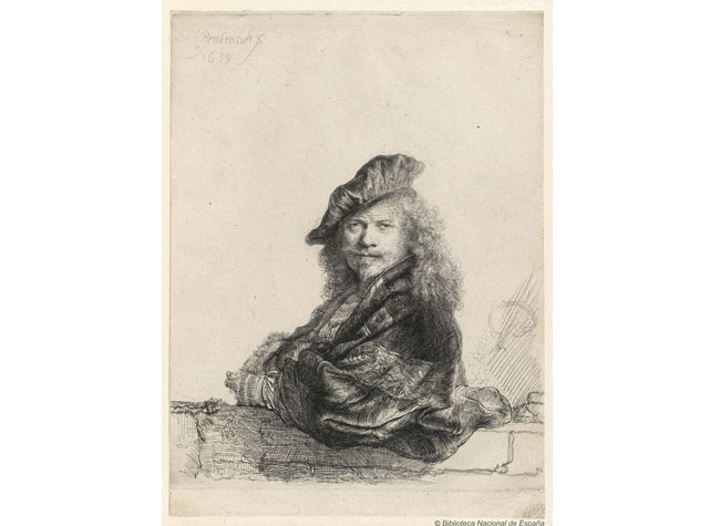 Rembrandt apoyado sobre un pretil