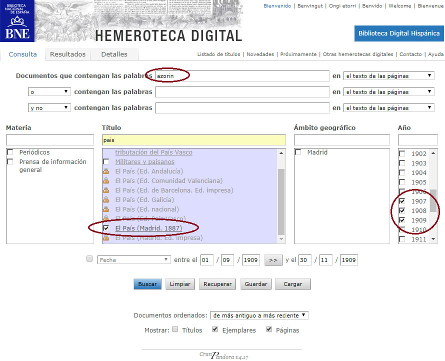 1. Búsqueda 1: documentos que contengan la palabra “Azorín” en el diario El País para el periodo 1907-1909