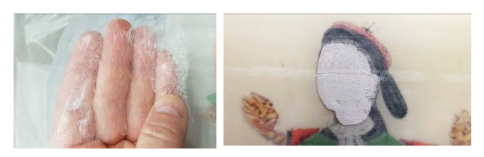 Ejemplo del papel japonés empleado para reforzar las pinturas y efecto al aplicarlo en el reverso de una pintura (BNE - AB/ 7445)