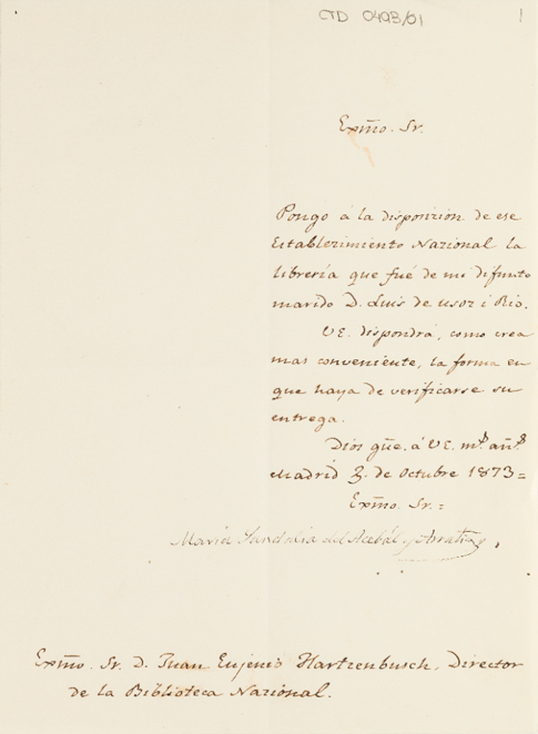 Carta de María Sandalia donando la colección de su marido a la Biblioteca Nacional de España BNE-A BN 0049/099/1