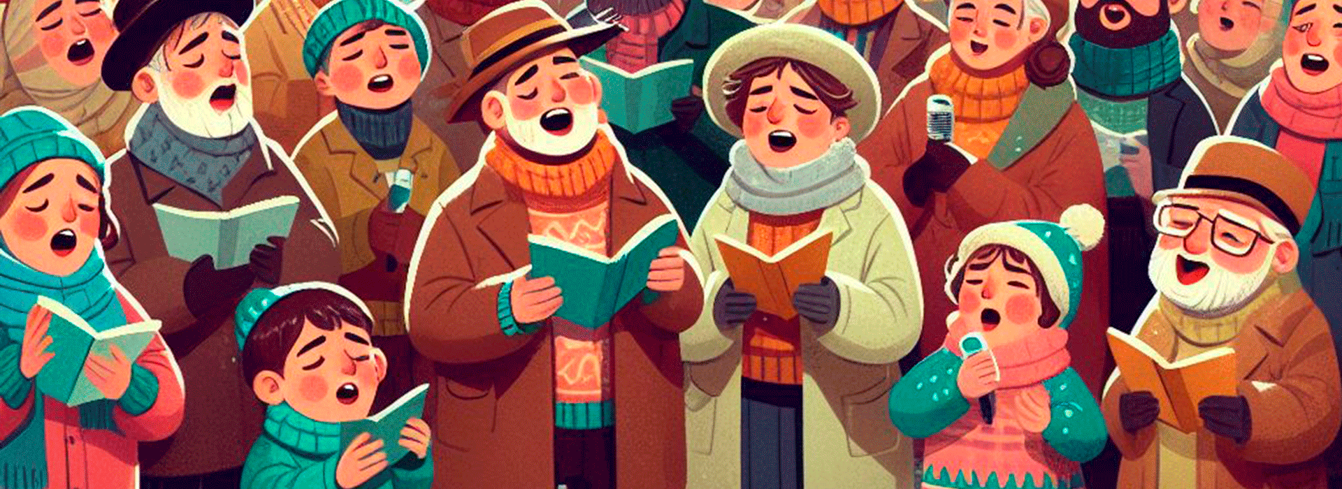 Dibujo de gente cantando villancicos en la calle