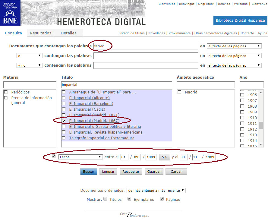 3. Búsqueda 2: documentos que contengan la palabra “Ferrer” en el diario El Imparcial para el periodo de 1-IX-1909 a 30-XI-1909