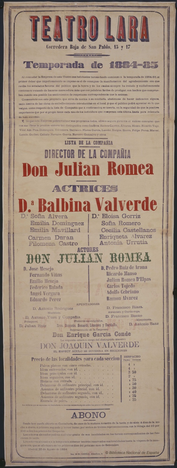 Cartel Teatro Lara 1884-1885