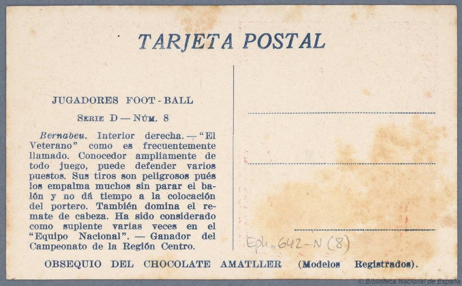 Postal de Santiago Bernabéu. Chocolates Amatller