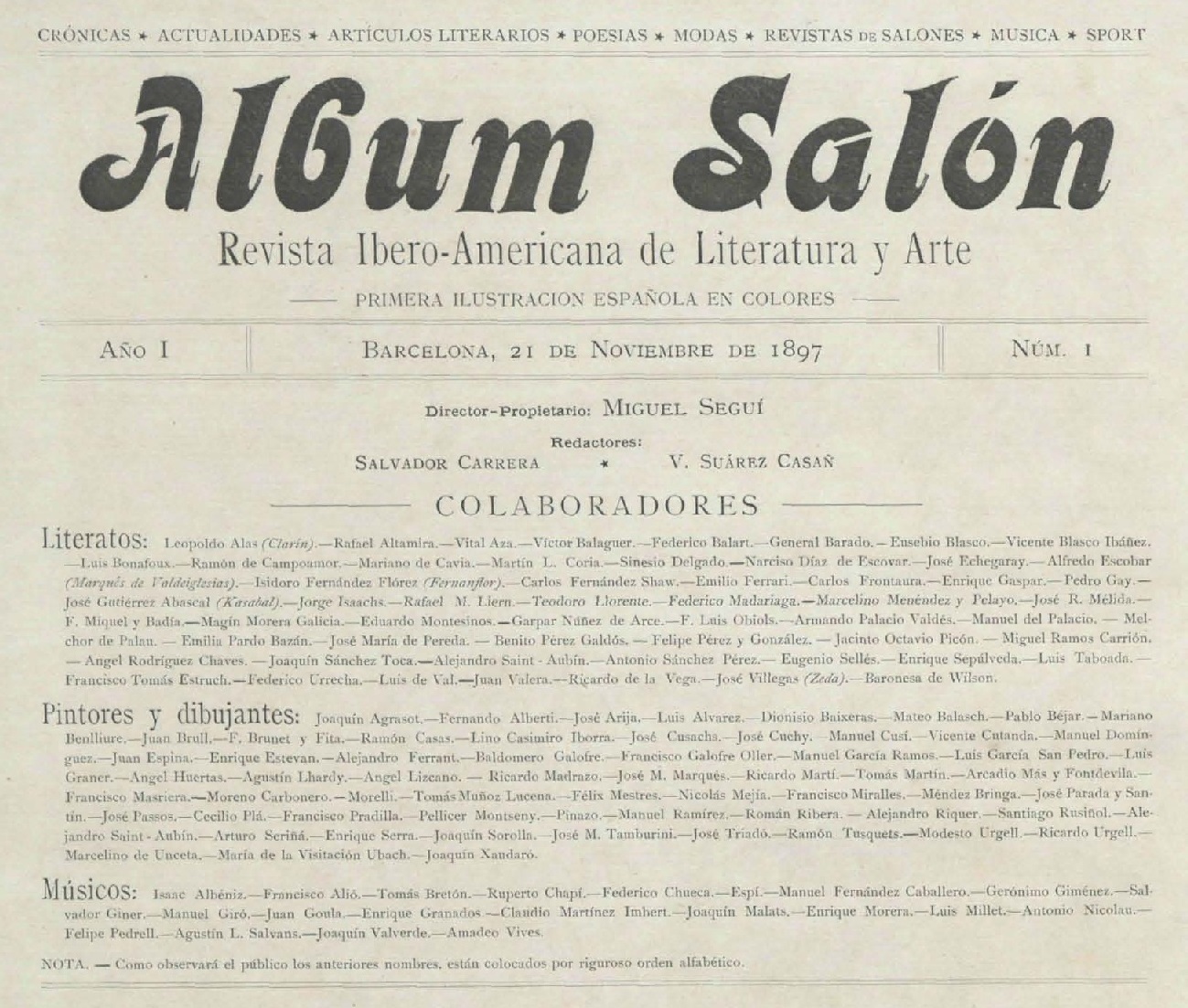 Literatos, pintores, dibujantes y músicos colaboradores de Álbum Salón (21-11-1897)