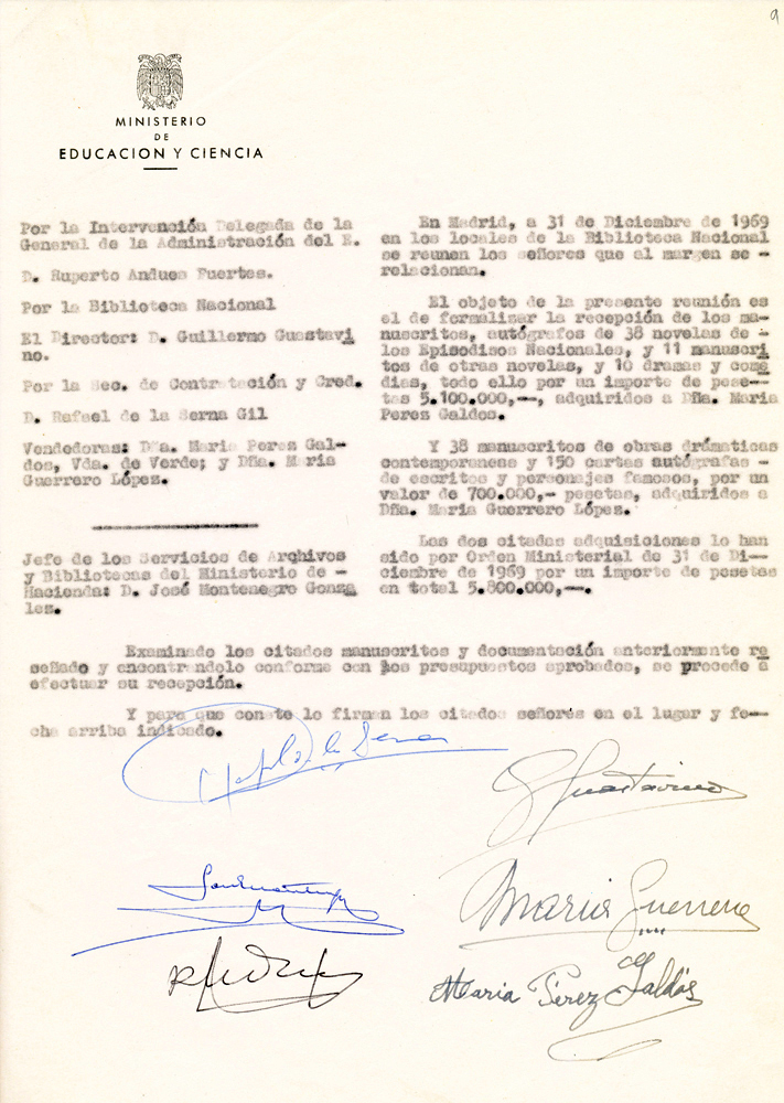 Acta de formalización de la recepción de los manuscritos (31-12-1969). BNE-A, BN 0032/001.