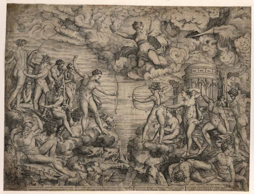 Combate entre la razón y las pasiones de Nicolas Béatrizet (1545, estampa a buril, según composición de Baccio Bandinelli)