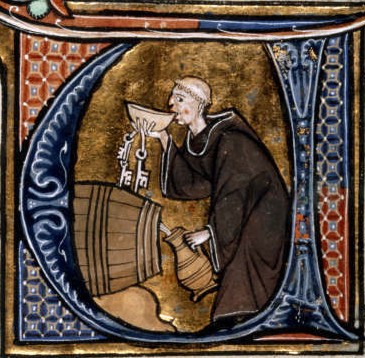Detalle de inicial historiada: Un monje bodeguero cata vino de barril con una escudilla, mientras con la otra mano llena su jarra. Li Livres dou Santé. Aldobrandino of Siena. Francia, siglo XIII