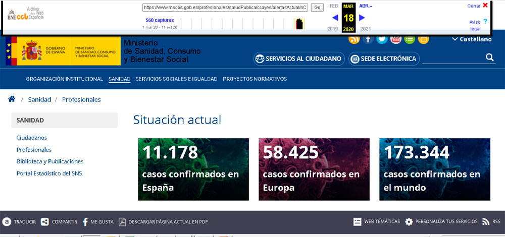 Imagen: captura de pantalla de la página del Ministerio de Sanidad, Consumo y Bienestar Social el 18 de marzo de 2020
