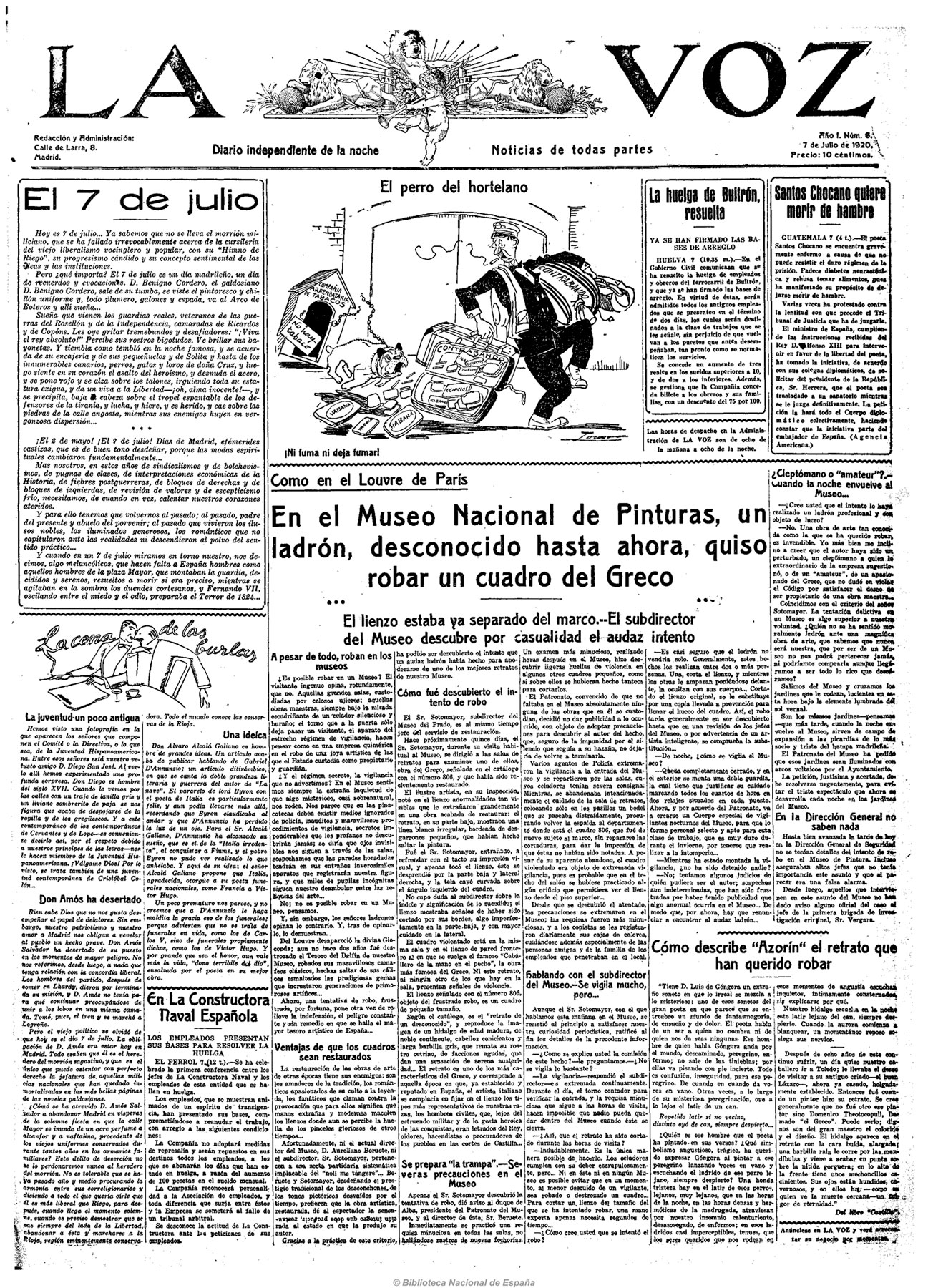 En el Museo Nacional de Pinturas, un ladrón, desconocido hasta ahora, quiso robar un cuadro del Greco (La Voz, 7 de julio de 1920)