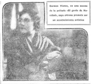 Página cinematográfica del Heraldo de Madrid con la actriz Carmen Viance y un anuncio de la película 'El Gordo de Navidad'