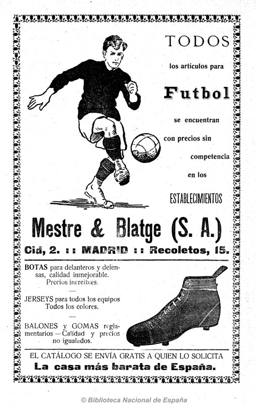 Publicidad de artículos para el fútbol. Semanario Madrid-Sport (11 de marzo de 1920)