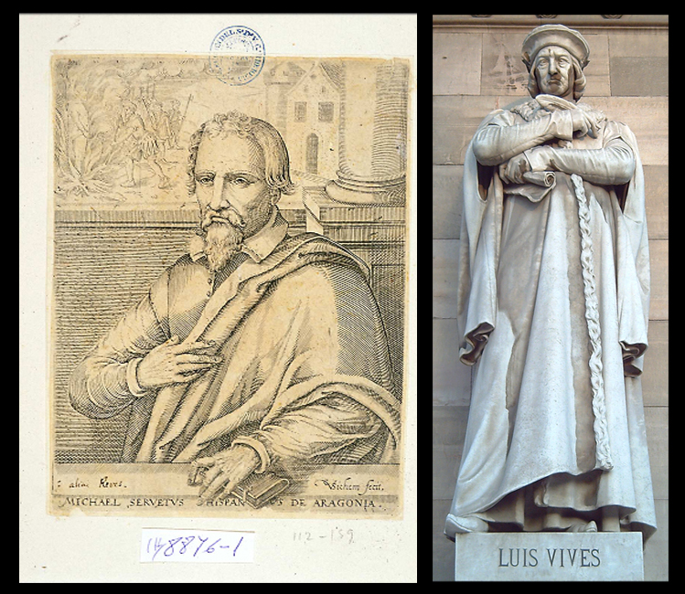 Los humanistas Miguel Servet  y Luis Vives escultura sita en la fachada de la BNE, obra de Pere Carbonell Huguet