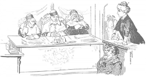 Dibujo de una abogada en un tribunal antes de que las mujeres pudieran ejercer en España , en Nuevo Mundo