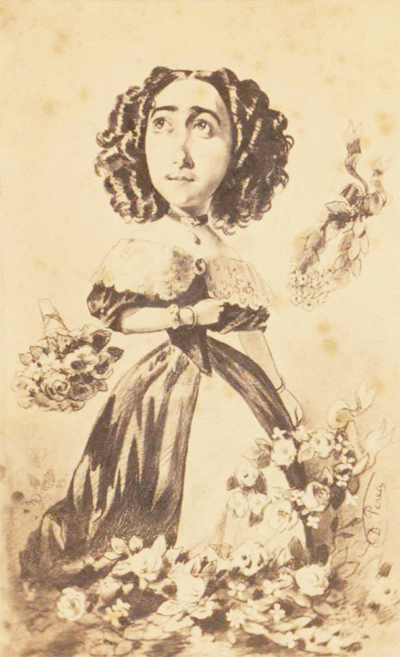Caricatura de Teodora Lamadrid de la década de 1860, cuando triunfaba en el teatro