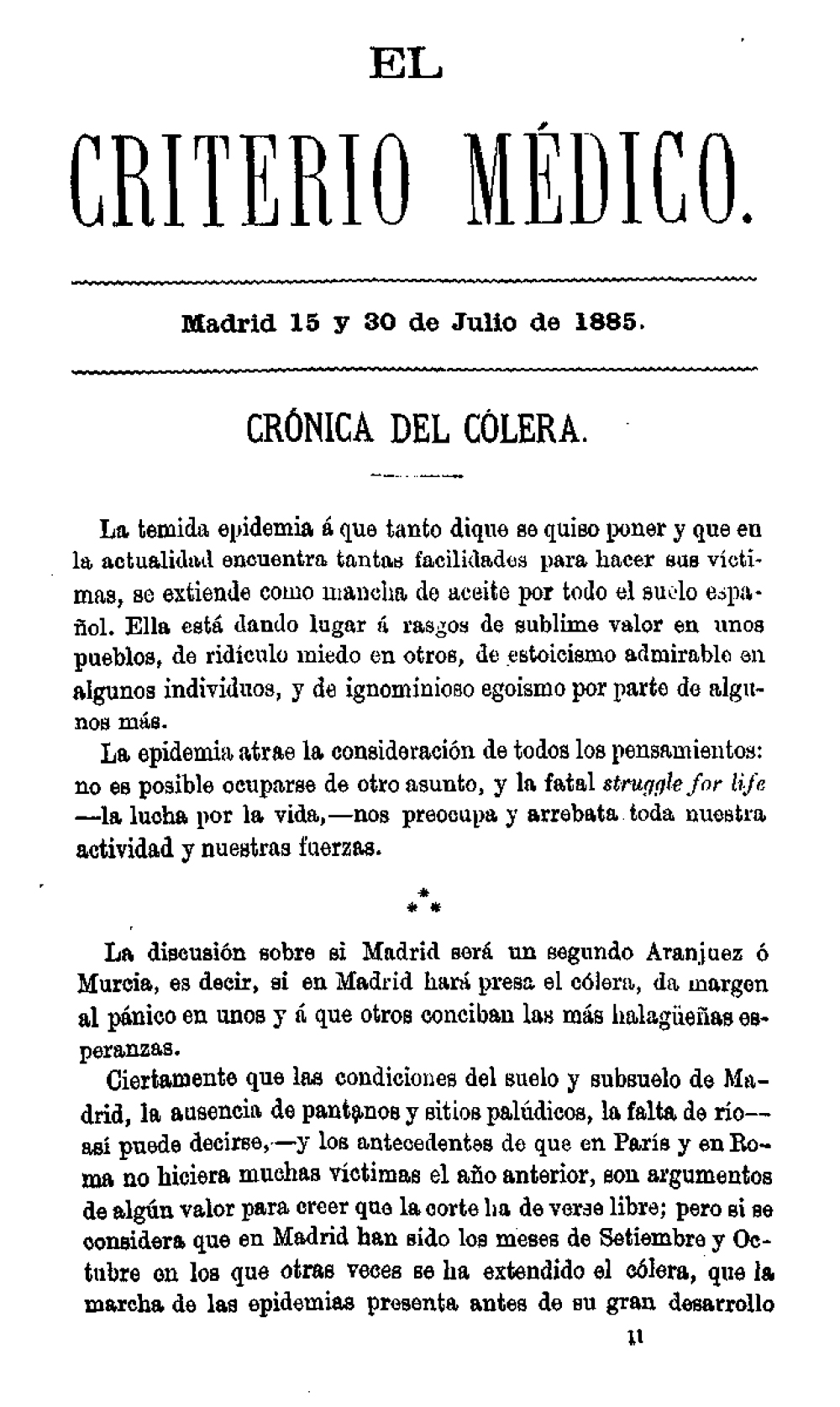 El criterio médico, julio de 1885