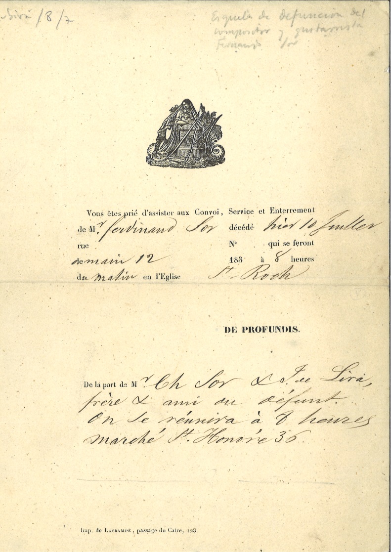 Invitación al funeral de Fernando Sor