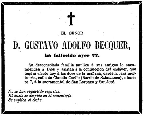 Esquela de Gustavo Adolfo Bécquer en El Imparcial (23/12/1870