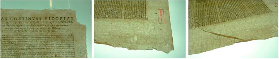 Detalles de la rotura de una esquina [VC/248/2], de manchas de agua [VC/248/14] y de pliegues [VC/248/14], todos ellos defectos producidos durante la elaboración de la hoja