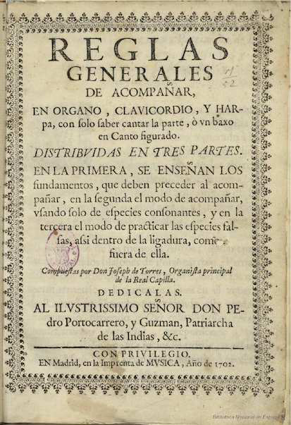 Reglas generales de acompañar, en organo, clavicordio, y harpa, con solo saber cantar la parte, ò un baxo en canto figurado ... : distribuidas en tres partes ...