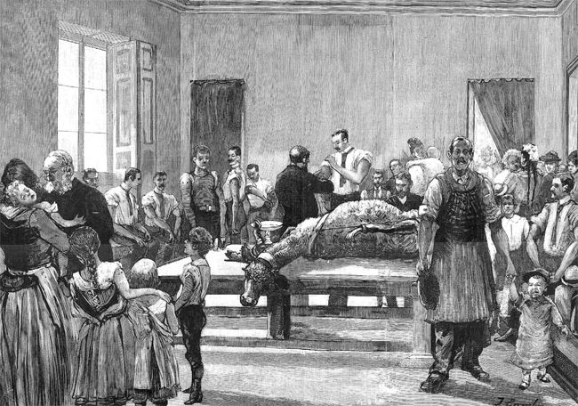 Grabado de la masiva vacunación con motivo de la epidemia de 1890 en Madrid, en La Ilustración Española y Americana