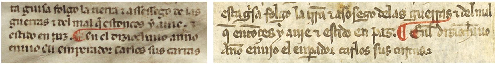Final del texto alfonsí de la Estoria de España en E1-E2 y C (a la izquierda: RBME Ms. X.I.4, fol. 17vb; a la derecha: BNE Ms. 12837, fol. 17vb)