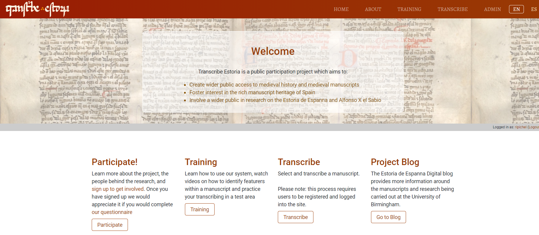 Página principal del proyecto ‘Transcribe Estoria’