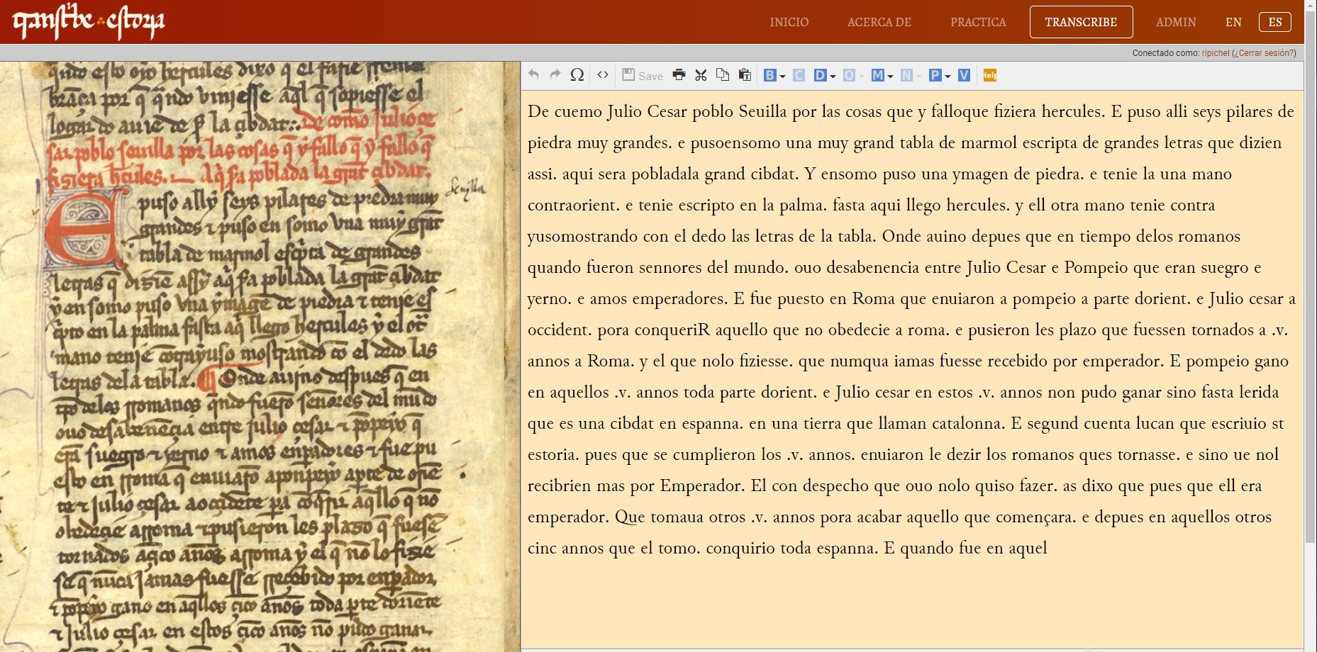 Plataforma de transcripción digital del proyecto ‘Transcribe Estoria’