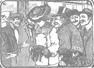 Viñeta que muestra a un mujer soportando piropos groseros de un grupo de hombres, en Alma española
