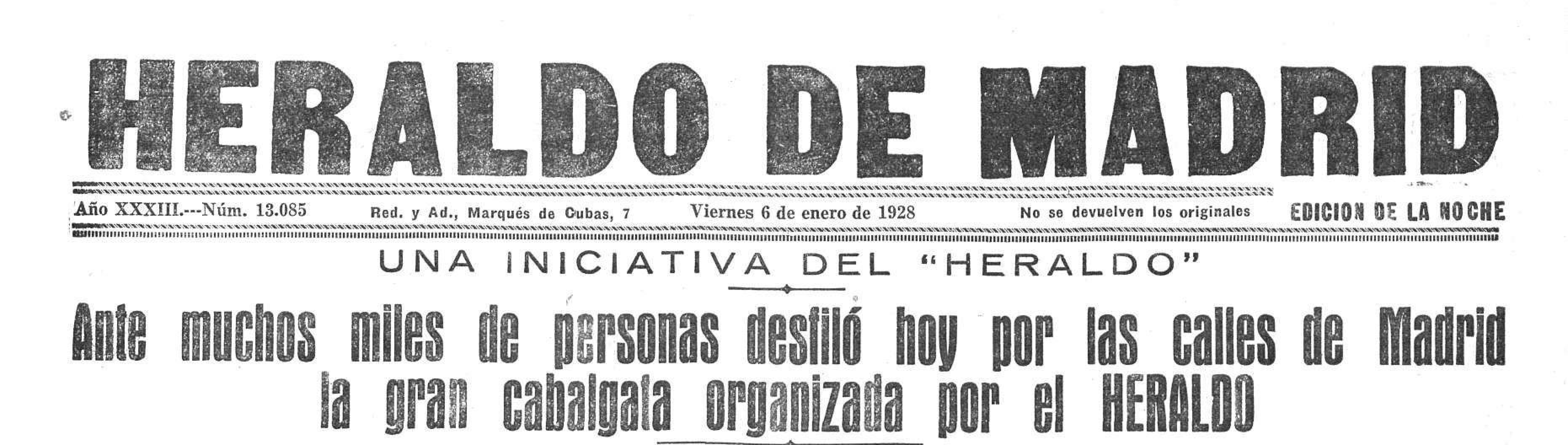 Titular portada del Heraldo de Madrid del día 6 de enero de 1928