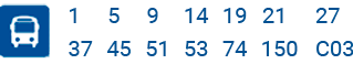 Autobús: Líneas 1, 5, 9, 14, 19, 21, 27, 37, 45, 51, 53, 74, 150, C03