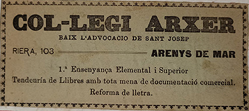 Anuncio Colegio Arxer – 05/1921