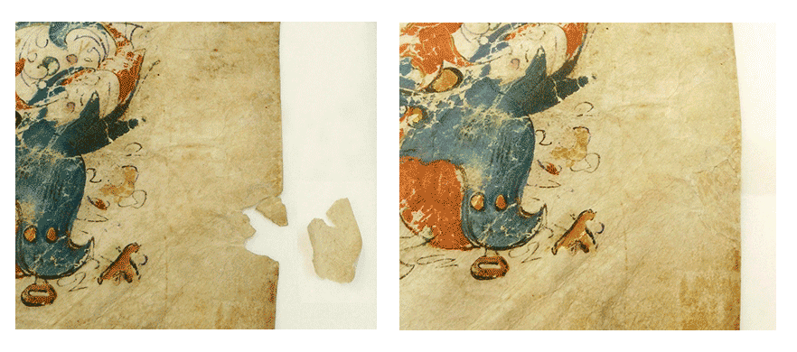 Reintegración del soporte realizada en el fol. 1r del manuscrito con signatura MSS/10134<3>