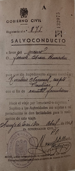Salvoconducto a favor de D. Jacinto Arxer Bussalleu – 13/04/1946