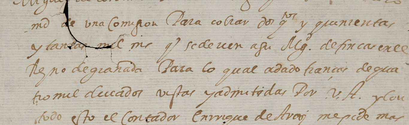 Carta de Miguel de Cervantes al contador Enrique de Aray, para que se despache la comisión y fianza que tiene dadas sobre unas fincas del Reino de Granada. Madrid, 20 de agosto de 1594