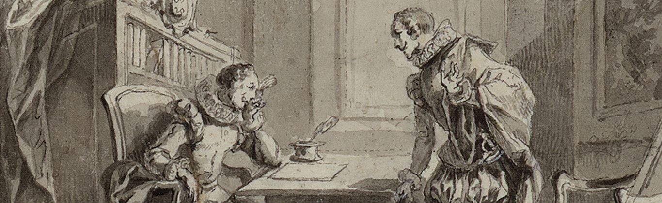 [Cervantes escribiendo el prólogo del "Quijote"]