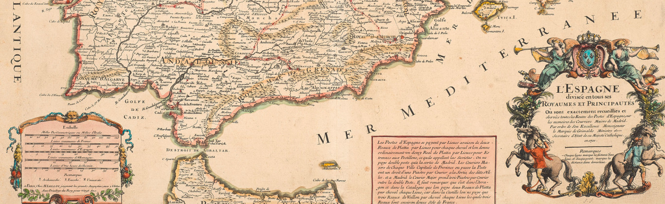 L'Espagne divisée en tous ses Royaumes et Principautés oú sont exactement recueillies et observées toutes les Routes de Postes d`Espagne