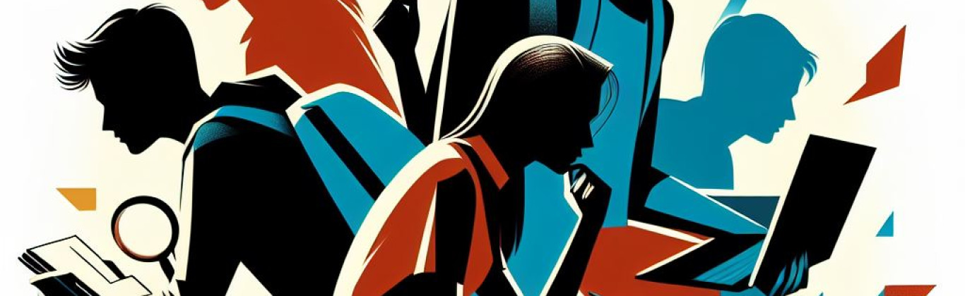 Silueta de jóvenes con ordenadores y libros