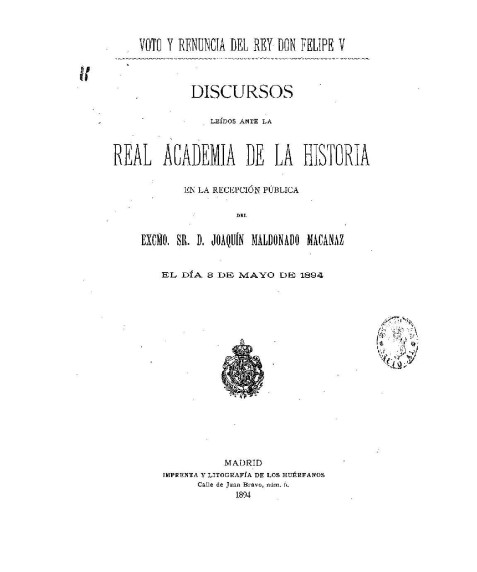 Voto y renuncia del Rey don Felipe V