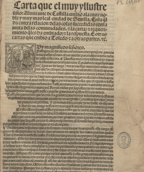 Carta que el muy yllustre señor Almirante de Castilla embio a la muy noble y muy mas leal ciudad de Seuilla 