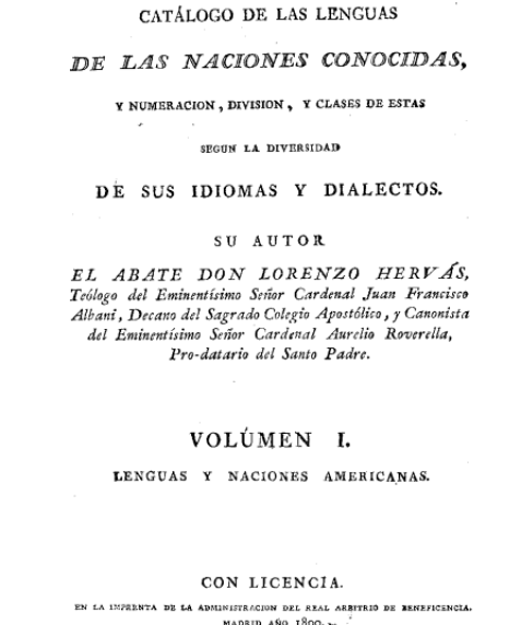 Portada de Catálogo de las lenguas de las naciones conocidas, y numeracion, division, y clases de estas, segun la diuersidad de sus idiomas y dialectos