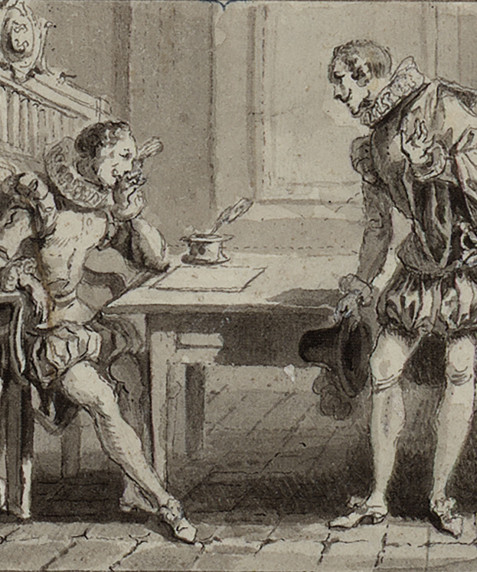 [Cervantes escribiendo el prólogo del "Quijote"]