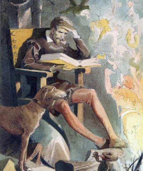 Don Quijote leyendo libros de caballería en su estudio