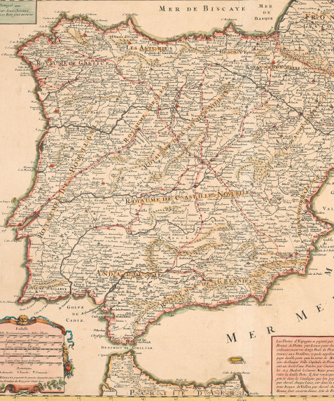 L'Espagne divisée en tous ses Royaumes et Principautés oú sont exactement recueillies et observées toutes les Routes de Postes d`Espagne