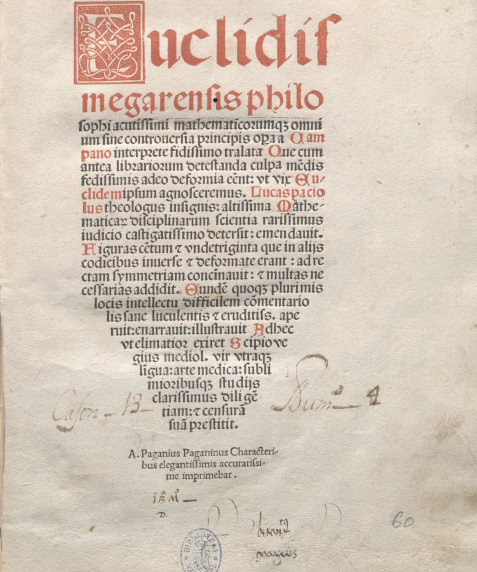 Euclides. Euclidis megarensis Opera a Campano interprete fidissimo tralata.