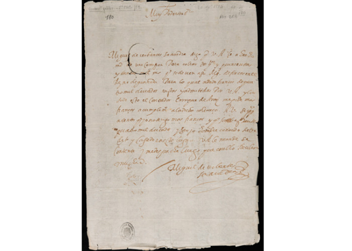 Memorial autógrafo de Miguel de Cervantes Saavedra referente a que se tenga por suficiente la fianza que ha dado (Madrid, 20 de agosto de 1594). Res/262/180