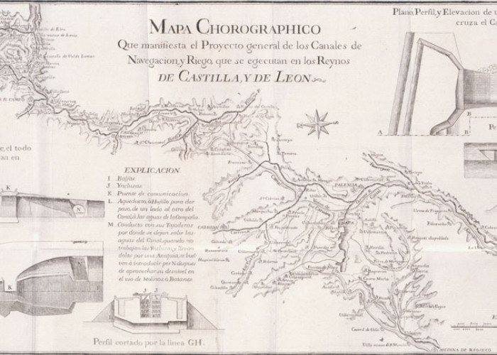 Proyecto del canal de Castilla, grabado. En John Muller, Tratado de fortificación, edición de Miguel Sánchez Taramas, 1769. Fundación Juanelo Turriano, biblioteca